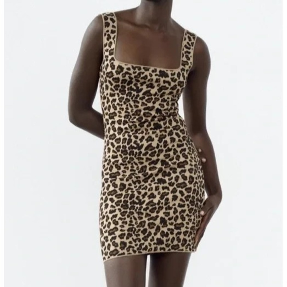 ZARA Dress Size MEDIUM Leopard Print Mini Bodycon Square Neck Stretch NEW